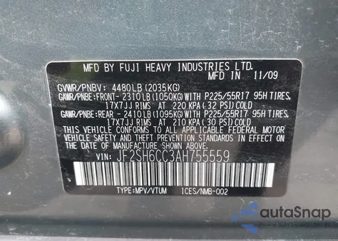 2010 Subaru Forester 2.5X Premium z USA, uszkodzony, nr VIN JF2SH6CC3AH755559